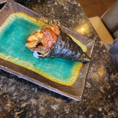 Salmon skin roll with unagi added. 10-26-22. Tsuki Sushi , West Sac.