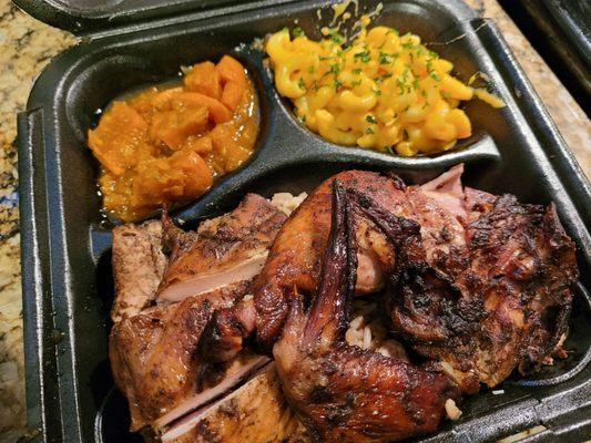 Mixed jerk chicken with yams and mac and cheese