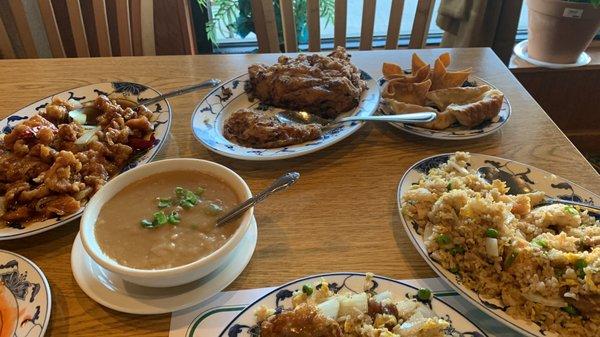 House fried rice, shrimp egg foo young, general tso chicken, potstickers, crab rangoon