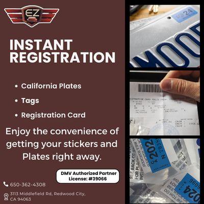 With our services, you can now enjoy the convenience of getting your stickers, registration cards and plates right away.