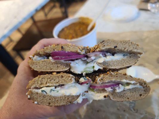 Flatz with scallion cream cheese and a cup of lentil soup.