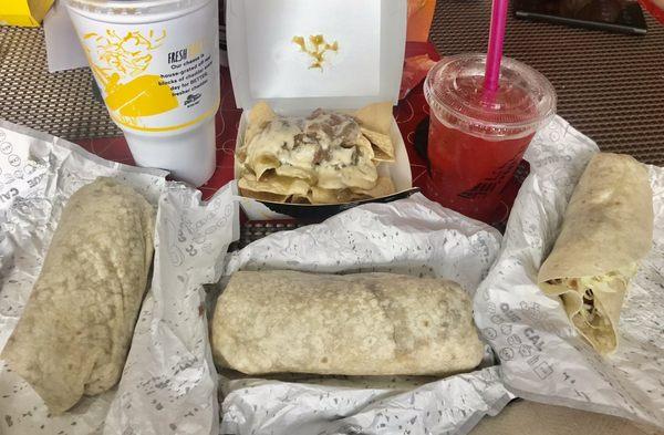 Epic Combo Beef Burrito with avocado & one without plus shrimp burrito large Diet Coke larges regular Real Strawberry Sprite with poppers