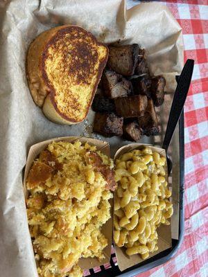 Burnt ends, green Chile Mac, corn 'spoon' bread