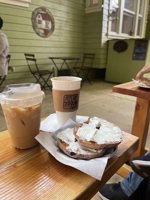 Madagascar Latte, chai latte & bagels! Delicious and in a calm patio area.