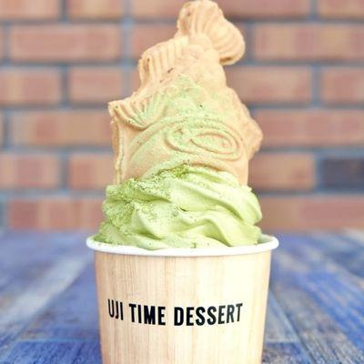 Matcha soft serve with Taiyaki cone