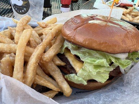 Up close bacon cheeseburger meal. Soooo good