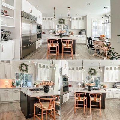 Kitchen remodel with stacked cabinets to accommodate the high ceiling