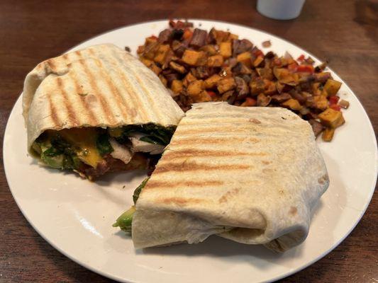 Chipotle Showers - grilled chicken, chipotle aioli, turkey bacon, spinach, tomato, avocado and cheddar. $14  side of sweet potato hash