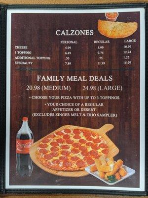 Menu calzones and family meal deals