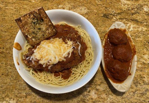 Chicken Parmesan with a side of meatballs. The chicken was a thick cut of juicy chicken, not some dried out thin slab of chicken. SO good!