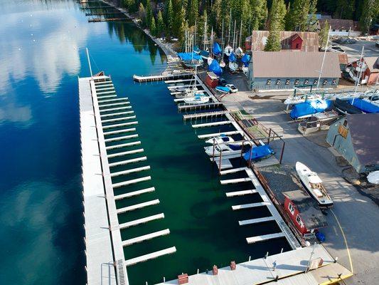 Springtime view of the marina boat slips