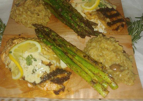 Anniversary dinner. Crab stuffed salmon, creamy mushroom risotto, grilled aspargus with lemon