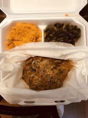 Smothered pork chops, greens and sweet potato soufflé