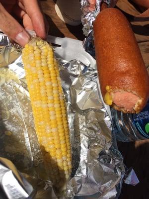 A smoked corn on the cob and a perfectly fried up corndog!!!!!!!!