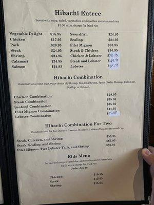 Hibachi entrees and combos