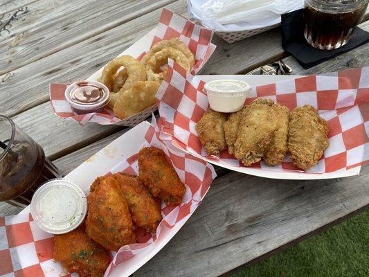 Buffalo Wings, Lemon Pepper Wings, and Onion Rings