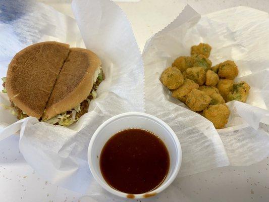 BBQ Sandwich (Chopped Beef) with a side of Okra