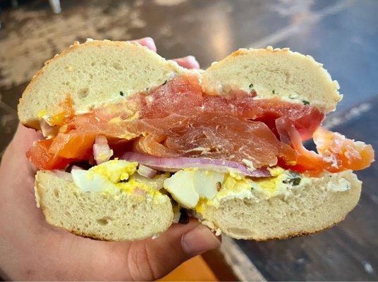 Cross section of the Slammin' Salmon bagel sandwich with house-smoked salmon. I asked for double salmon because I'm iNsAnE!