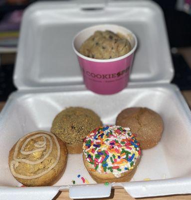 S'mores, Churro, Carmel Apple and birthday cake cookies. & also regular cookie dough