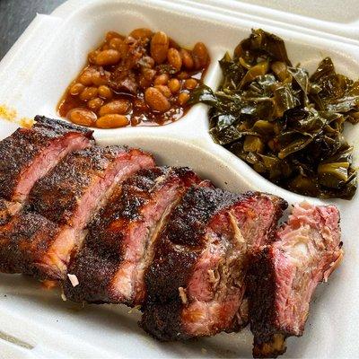 Dry Rubbed Baby Back Ribs, Waaay South Collard Greens and Smokey Baked Beans .. no sauce needed