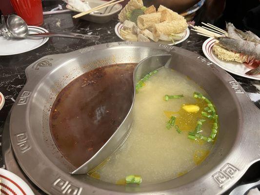 Spicy (left) and miso (right) broth