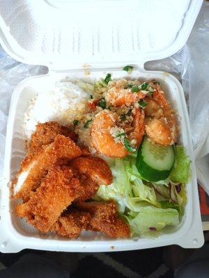 I ordered a chicken katsu and garlic shrimp combo with toss salad and 1 scoop mac salad, NO RICE. I get no mac salad and two scoops of rice.