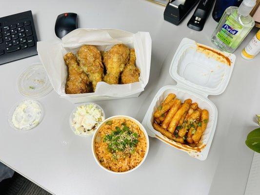 Crispy Garlic Chicken, Kimchi Fried Rice, Rice Cake