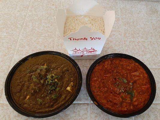 Saag Paneer ($14.95), Bengan Bhartha ($13.95), basmati rice. Packaged well for Uber Eats delivery, no spills