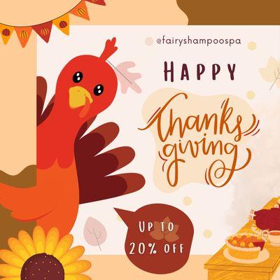 Thanksgiving Promotion ‍‍‍
20% OFF Fairy Pamper Me & Fairy Bella Vida Packages
10% OFF All other Shampoo packages