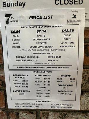 price list