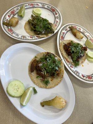 Tacos (from top clockwise): nopal, chorizo, al pastor