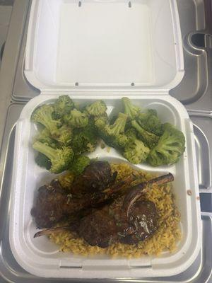 Jerk lamb chops yellow rice and broccoli