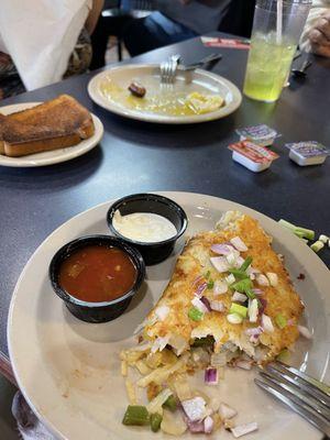 This is the honey, the potato pancakes, and the sides.