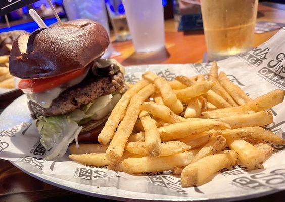 Mushroom Swiss burger and fries