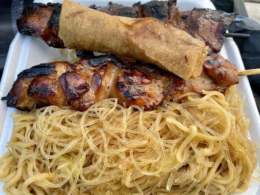 BBQ Combo: BBQ chicken, Pancit, lumpia and I added an extra BBQ pork.