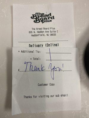 It's the little things like a handwritten note of thanks on your delivery receipt!