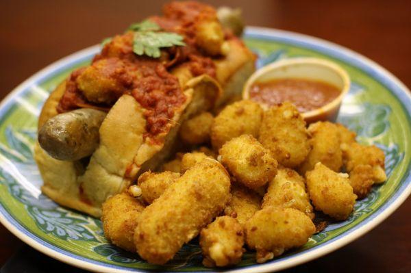 Fried Cheese Curds & Chairman of the Boar-d (Italian sausage & pepperoni topped with more fried cheese curds! #NationalCheeseCurdDay