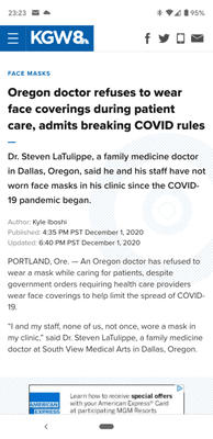 First screen of KGW8's coverage about this "doctor" who won't wear a mask despite common sense, government order, and AMA/CDC recommendation