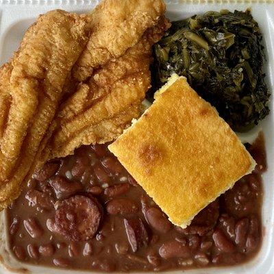 Red beans and rice, fried catfish, greens, & cornbread