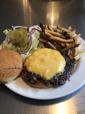 Cheese burger and fries.