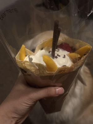 Wrapped my crepe to go. Raspberry mango crepe