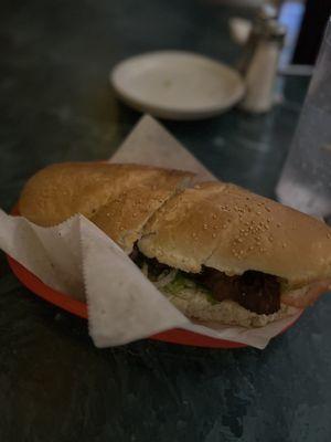 Shoe leather skirt steak sandwich in a plastic basket! I ordered the steak salad!