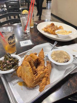 Pick two - honey wings with fried catfish, collard greens and mashed potatoes.