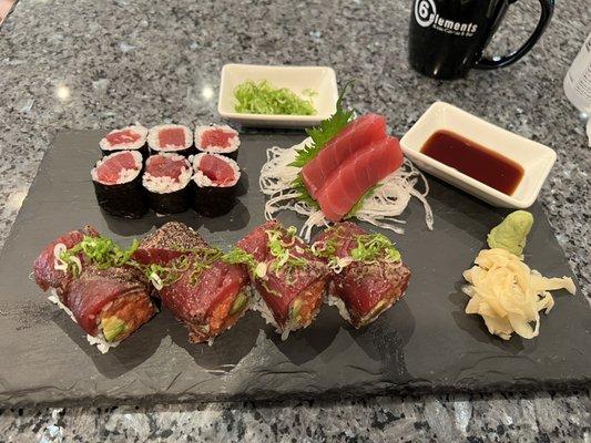 Tuna roll, crazy tuna roll and tuna sashimi