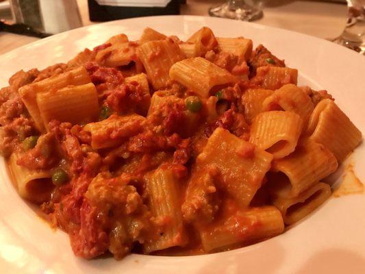 Rigatoni special with spicy Italian sausage