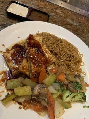 Tofu Steak, Steamed Veggies, and Yakisoba