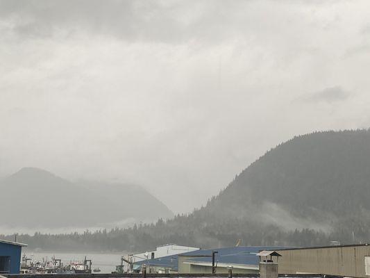 Rainy, foggy view from hotel window