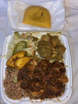 Oxtail, curried chicken, rice and peas, cabbage, and plantains.