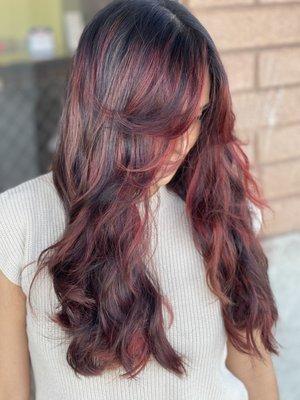 Beautiful red balayage w/ the perfect layers.  Stylist Kalet