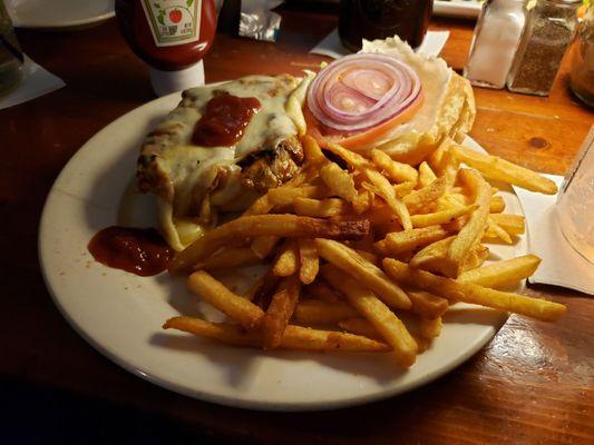 BBQ Chicken Sandwich with fries.